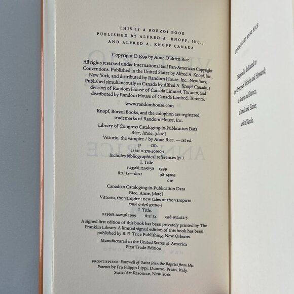 VITTORIO THE VAMPIRE by Anne Rice Hardcover First Trade Edition 1999 VC #15 - Picture 9 of 9